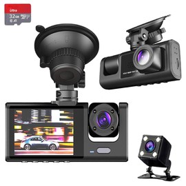 Rigwig 3 Channel Dash Cam Front Rear and Inside – 1080P FHD Car Camera with 32GB SD Card, HDR, G-Sensor, Night Vision, Loop Recording, Parking Monitor, 2" Screen, Wide Angle