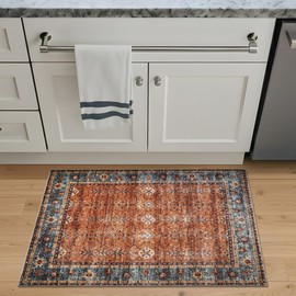 Bloom Rugs Washable Non-Slip 2' x 3' Rug - Orange/Teal Blue Traditional Bordered Area Rug for Living Room, Bedroom, Dining Room, and Kitchen - Exact Size: 2' x 3'