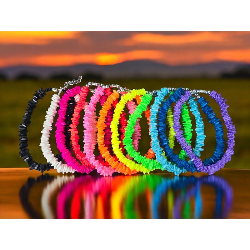 BlueRica Puka Chip Shell Anklet (Solid Color) 10" (Neon Red)