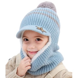 JFAN Baby Warm Knitted Hat with Visor Crochet Fur Winter Hat for Children with Ear Flaps Toddler Earflap Fleece Beanie Ski Unisex Multicoloured, blue