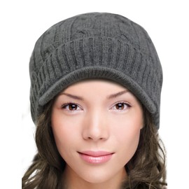 Dahlia Women's Skullies & Beanies - Wool Beanie with Visor, Cable Knit, Dk Gray