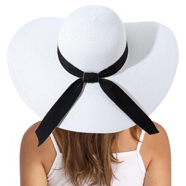 Lanzom Womens Wide Brim Straw Hat Big Floppy Foldable Roll up Cap Beach Sun Hat UPF 50+(Bowknot-White)