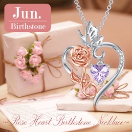 NFYBD Rose Heart Birthstone Necklace Gifts for Women,925 Sterling Silver Flower Love Heart Infinity Butterfly Pendant Necklaces for Mom Wife Her Anniversary Christmas Mothers Day-6