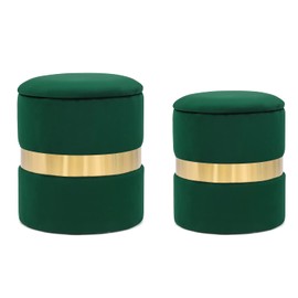 Joveco Round Storage Ottoman Set of 2 - Velvet Footrest Upholstered Footstool Seat Side Table with Metal Band (Dark Green)