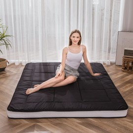 MAXYOYO Futon Mattress, Padded Japanese Floor Mattress Quilted Bed Mattress Topper, Extra Thick Folding Sleeping Pad Breathable Floor Lounger Guest Bed for Camping Couch, Black, Queen Size