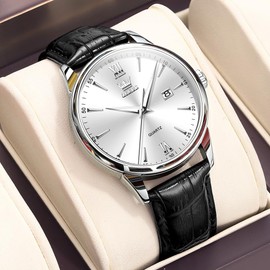 OLEVS Watches for Men Leather Watch Black Leather Watch White Face Waterproof Analog Quartz Mens Watches Minimalist Easy to Read Wrist Watches Reloj Hombre