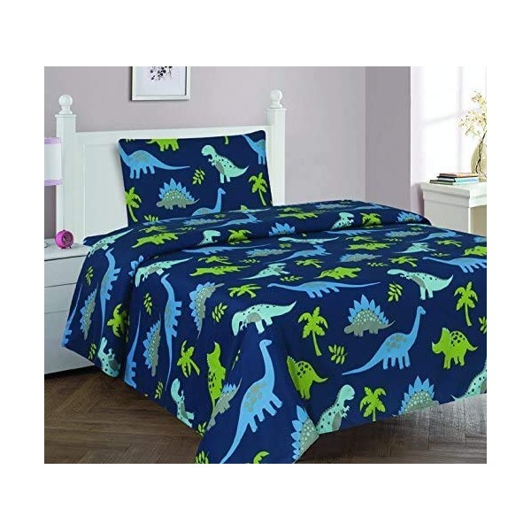Elegant Home Dinosaurs Design Multicolor Dark Blue Green Sheet Set with Pillowcase Flat Fitted Sheet for Boys/Kids/Teens # Dinosaurs Blue 2 (Queen)