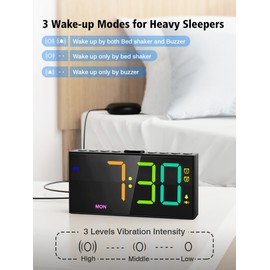 PPLEE RGB Bed Shaker Alarm Clock for Heavy Sleepers, Loud Vibrating Digital Clock with Dual Alarms, 3 Wake Modes, Weekday Display, Bedside USB Charger, Battery Backup, Dimmable for Kids Teens Seniors