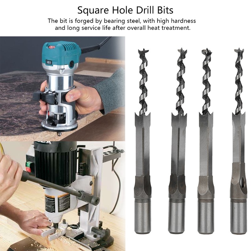 4Pcs Square Hole Drill Bits Woodworking Bearing Steel Wood Drilling