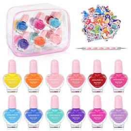 wakaniya Kids Nail Polish 12 Colors Girls Nail Kit with Glitter Stickers and PVC Storage Bag Non Toxic, Quick Dry Peel Off Safe Nail Polish