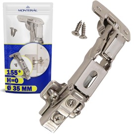 Door Hinge for Cabinet Doors with Opening Angle 155° - with Soft-Close Clip-On System - Mounting Hinge for Cabinet Doors H=0 Diameter 35 mm - Includes 2 Screws - Warranty 10 Years - MONTERAL