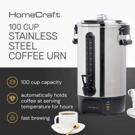 Homecraft 100-Cup Coffee Urn and Hot Beverage Dispenser with Dripless Faucet, Quick-Brewing, Stainless Steel