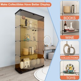 FANYUSHOW Glass Display Cabinet with 4 Shelf Double Door Curio Cabinet with Brown Glass 5mm Tempered Glass Display Case for Living Room, Bedroom, Kitechen, 64" H x 32" L x 14" W, Black