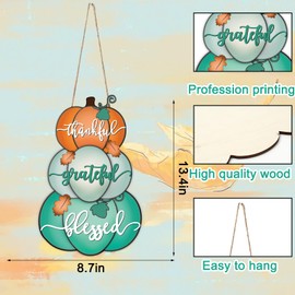 FYSUIMU Fall Door Sign Blessed Grateful Thankful Pumpkin Wooden Hanging Sign Rustic Front Door Hanger for Autumn Thanksgiving Party Farmhouse Home Porch Decor