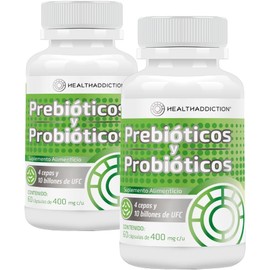 HEALTHADDICTION 2 Pack Probióticos y Prebióticos - Fórmula Avanzada con 4 Cepas, 10 Billones de UFC y Cápsulas de Absorción Entérica - Sin Gluten, Sin Lactosa, Sin Azúcar - Ingredientes Naturales - 2 Frascos de 60 Cápsulas de 400mg cada una