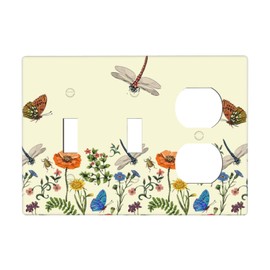 Beige Flowers Dragonfly Floral Botanical Combination Two Toggle/One Duplex Receptacle Wall Plate Herb Plants Sunflower Decorative 3-Gang Triple Device Combo 2-Toggle 1-Duplex Outlet Light Switch Cover