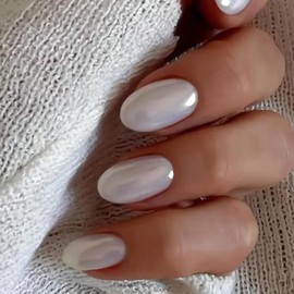 White Press On Nails Short - KQueenest Chrome Press On Nails Oval, Sparkle Gel Fake Nails Press on with Mirror Effect, Cute Glitter Glue on Nails Short Almond, Stick On Nails for Women 24 Pcs