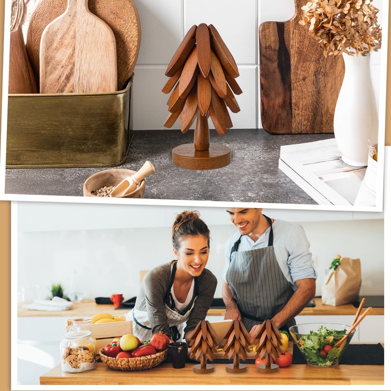 4 Wooden Hot Food Coasters with 1 Stand, Table Insulation
