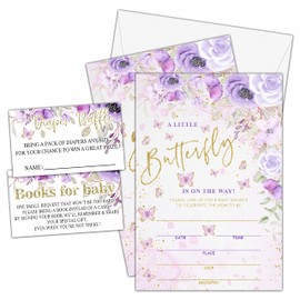 TIOFUNO Set of 25 Baby Shower Invitations, Floral Butterfly Gender Reveal Party Invites with Envelopes, Book Request Cards, Diaper Raffle Tickets for Party Decorations Supplies - A03