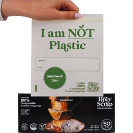 HOLY SCRAP! 100% Compostable Food Storage Bags SANDWICH Size - 50 Pack - Resealable Extra Strength Zip Seal Bags Made from Plants, Eco Friendly, Freezer Safe - BPI Certified, OK Compost Home