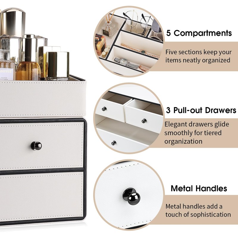 GORESE Leather Makeup Organizer with Drawers for Vanity, Stackable Skincare