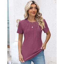 Kistore Tops for Women Casual Spring Classic Fit Pleated Crew Neck Short Sleeve Cotton Tunic T-Shirts Mauve L