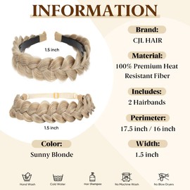 CJL HAIR 2PCs Braided Headbands Hair Piece for Women Synthetic Hair Hoops Head Bands Handmade Braid Hairband Accessories Elastic Stretch Headwrap Sunny Blonde
