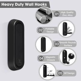 Dntorx Folding Wall Hooks, 2 Pcs Foldable Black Coat Hooks Heavy Duty Foldable Hook Bathroom Towel Hooks Robe Hooks Wall Mounted for Hanging Coat Towels Clothes Hat Bags Keys | Dntorx