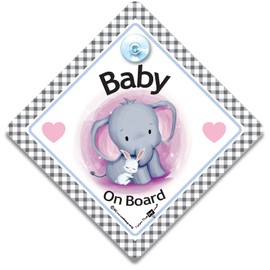 Baby Elephant and Rabbit On Board Car Sign, Baby On Board Sign, Grandchild On Board, Designed to Let Other Road Users a Child is in The Car, 14 cm x 14cm x 2cm