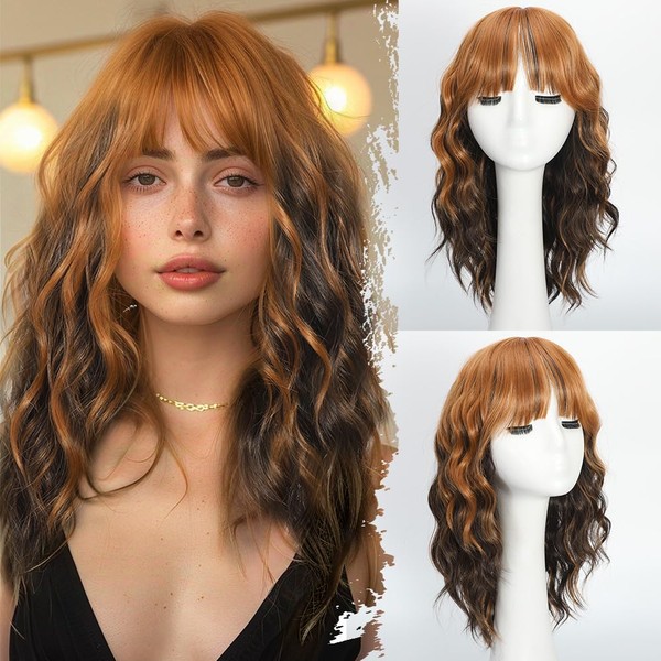 UNNYMGER Mixed Brown Wig with Bangs Short Wavy Wigs for
