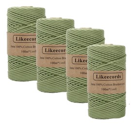 Likeecords 4 Skeins of Braided Macrame Cotton Cord 3mm x 100m,Macrame Rope, 100% Cotton Rope Macrame String,Colorful Cotton Craft Cord for Bag,Wall Hanging, Plant Hangers, Crafts, Knitting（Pea Green）