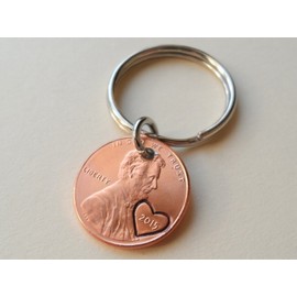 2015 Penny Keychain With Engraved Heart Around Year; 10 Year Anniversary Couples Keychain