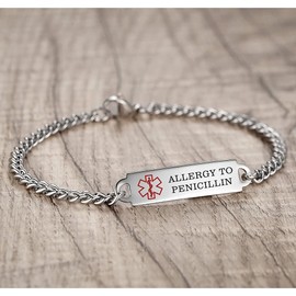 AOAMID 6.5"-8.5" Medical alert id bracelets for Women Stainless steel Medical Emergency Bracelets Free engraving allergy to penicillin(Steel-7.5")