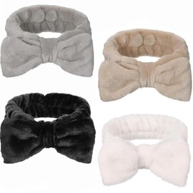 4 pack Spa Headband for Washing Face, Girls Makeup Bow Tie Hair Band, Microfiber Women Headbands, Elastic Headband to Skincare, Gifts for Teen Girls (Black/White/Gray/Khaki, 4Pcs)