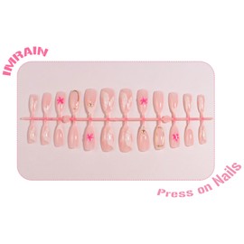 IMRAIN Flower Press on Nails Almond Medium Fake Nails Pink Glossy Glue on Nails Acrylic False Nails with 3D Floral Designs Full Cover Stick on Nails Artificial Nail Supplies for Women