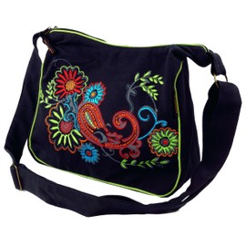 Guru-Shop Shoulder Bag, Hippie Bag, Goa Bag, Green, Men/Women, Cotton, 23 x 28 x 12 cm, Alternative Shoulder Bag, Fabric Handbag - Black -