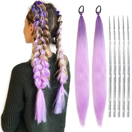 Colorful Pre Stretched Braiding Hair Silver Hair Tinsel Set - 26 Inch 2 Packs Gradient Braiding Hair Ponytail Extensions Synthetic, 24 Inch 5Pcs Glitter Stands Sparkle Fairy (Purple)
