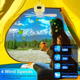 Camping Fan 8000mAh Battery Operated, Tent Ceiling Fan with Remote & Timer, 4 Speeds, Carabiner, LED Hanging Camping Fan for Camping Bed RV Tent Canopy Room