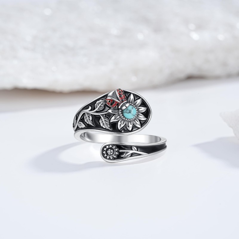 Nisgoin Sunflower Spoon Rings for Women- 925 Sterling Silver Turquoise
