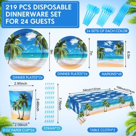 Funnymoom 219 Pcs Beach Party Decorations Blue Summer Tropical Plate Napkin Cup Tablecloth Cutlery Straw Disposable Hawaii Ocean Tableware Set for Summer Birthday Baby Shower Party Supplies Serves 24