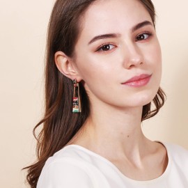 BONALUNA Bohemian Wood And Marble Effect Oblong Shaped Drop Statement Earrings (MULTI)