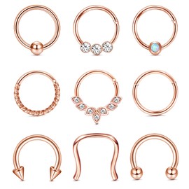 Kakonia 9 Pieces Septum Piercing 16G Nose Piercing Ring Daith Earrings Hoop Nose Ring Horseshoe Stainless Steel Septum Rings for Women Helix Tragus Lip Cartilage Earrings Silver Rose Gold Black,