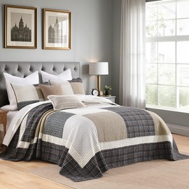 Finlonte Oversized King Bedspread 128"x120" - 100% Cotton Plaid California King Bedspreads Coverlet Set, Farmhouse Patchwork Lightweight Reversible Oversized King Quilt, Brown/Beige/Gray/Black, 3 Pcs