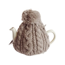 Home-use Tea Cosy for British Tea, 2-cup 600ml Size, New Natural, UK-made, 100% Wool, Cable Knit, Pot Cover that Keeps Tea Warm, Gently Wraps the Rounded Shape of the Teapot, Envele Hellook