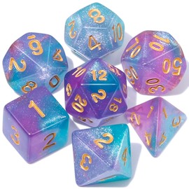 CiaraQ DND Polyhedral Dice Set with a Black Dice Bag for D&D RPG MTG Role Playing Table Games (Lake Blue and Purple + Glitter)