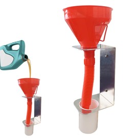 SUONE Aluminum Oil Funnel Holder Storage Rack,Long Flexible Funnel with Hose,Wall Mount Fluid Drain Funnel Caddy fot Garage Storage（Red）