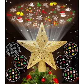 Tsorode Christmas Tree Topper Lighted,Star Tree Topper with Projector Built-in LED Rotating Lights with 6 Projection Modes,3D Glitter Dynamic Projection Christmas Decorations (Gold)