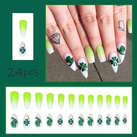 St. Patrick's Day Press on Nails Medium Length Fake Nails St. Patrick's Day Green Gradient Square Shaped False Nails with Glitter Clover Hat Design Reusable Stick on Nails Glue on Nails for Women 24Pc