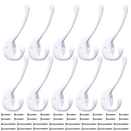 10 Pack Heavy Duty Dual Coat Hooks Wall Mounted with 20 Screws Retro Double Hooks Utility Black Hooks for Coat, Scarf, Bag, Towel, Key, Cap, Cup, Hat (White)