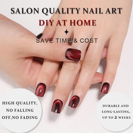 evpct Dark Red Cat Eye Short Press on Nails Square, Short Square Glue on Nails for Women Gift, Black Wine Red Metallic Glitter Glossy Reusable Spring Summer Gel Press on Acrylic Fake Nail with Designs